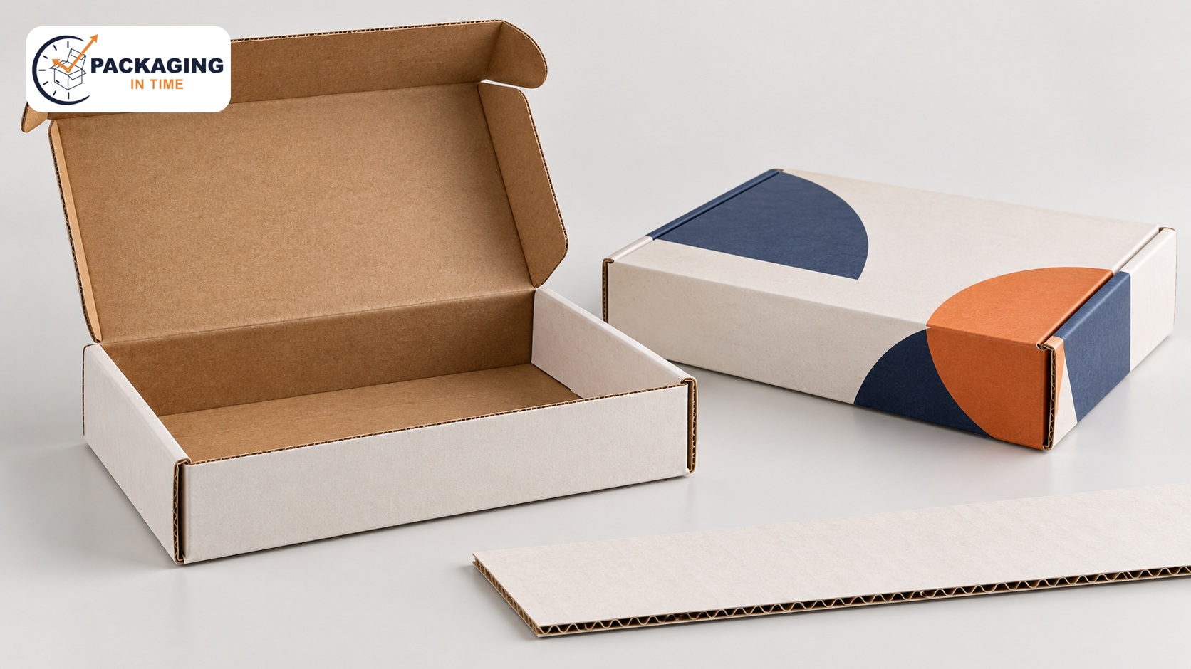 Fine E-flute corrugated mailer boxes with Packaging in Time logo watermark in the upper left.