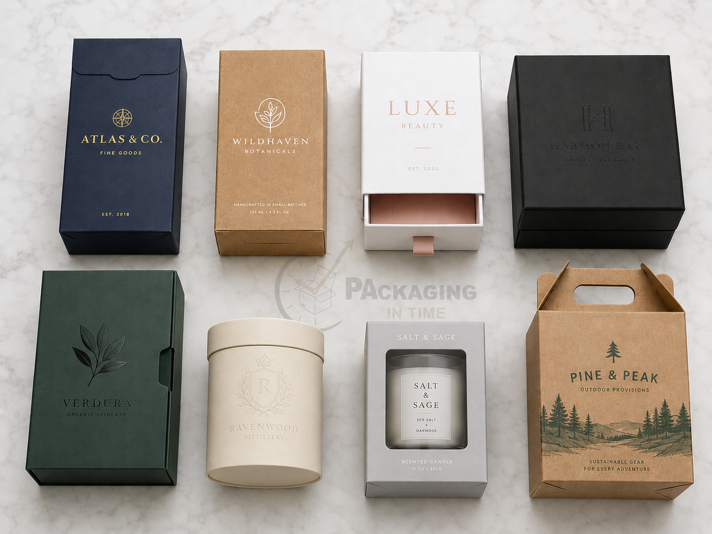 Eight types of custom product boxes including tuck-end folding carton, auto-lock bottom, sleeve and tray, rigid lid-and-base, magnetic closure, two-piece shoulder-and-neck, window box, and gable top box arranged on white marble surface